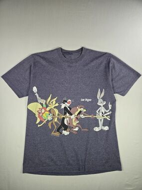Vintage 1994 Warner Bros Looney Tunes Las Vegas Tug of War Graphic Tee Gray L